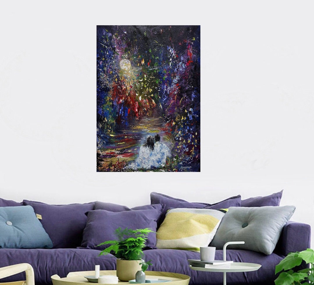 Giclée Poster, Couple in Love Under a Full Moon, Art Print, Romantic ...