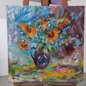 Dipinto ad olio di girasoli ispirato a Van Gogh. Dipinto originale di girasoli arancioni. Dipinto di girasoli gialli vivaci su tela. Fiori da parete.