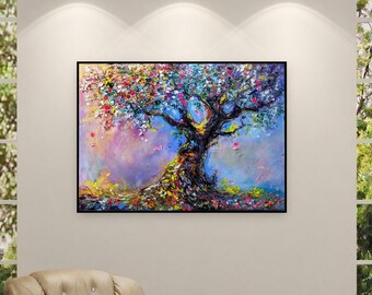 Baum des Lebens Ölgemälde Original Blühender Baum Impasto Kunstwerk für Wohnzimmer