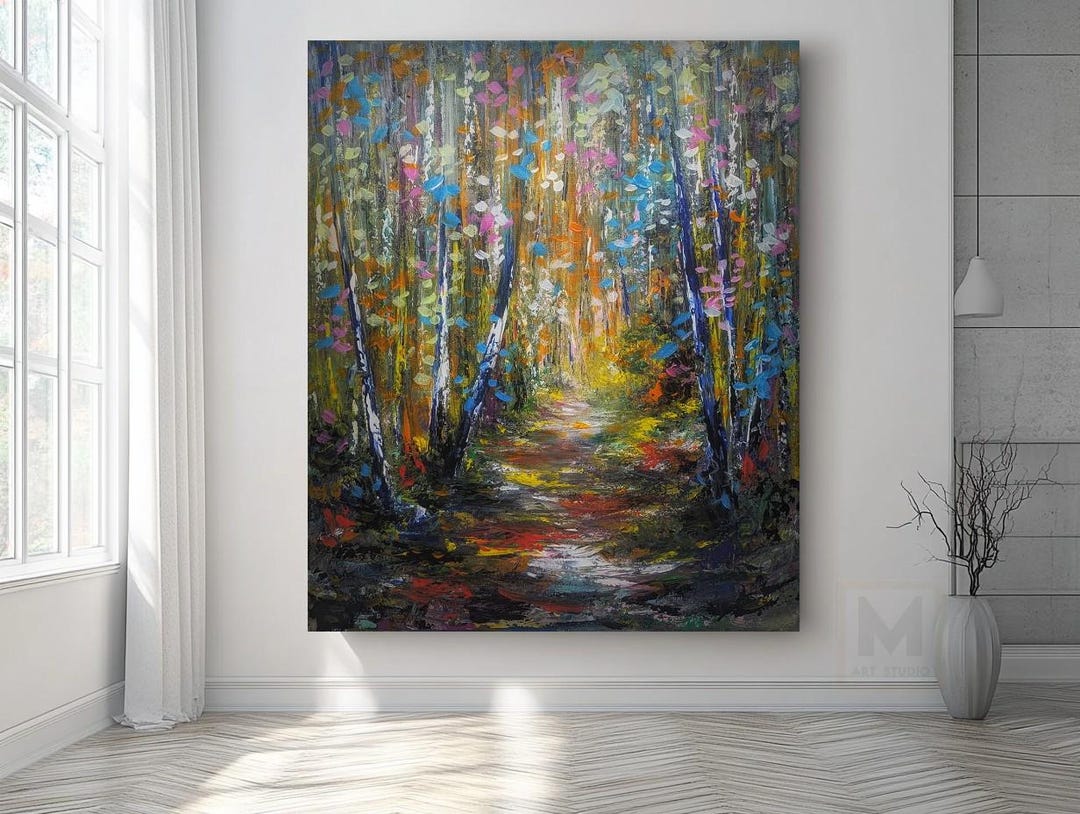 Birch Forest Path Artwork Original Oil Painting Large Textured Woodland ...