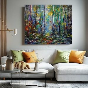 Puede incluir: Una pintura abstracta colorida de una escena de bosque con tonos azules, verdes y amarillos. La pintura est&aacute; realizada en un estilo suelto e impresionista, con pinceladas visibles en todo. La pintura est&aacute; enmarcada y colgada en una pared en un sal&oacute;n.