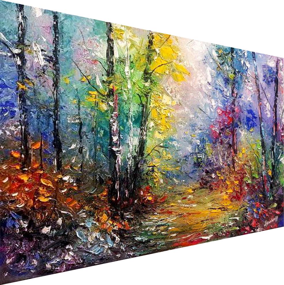 風景画 油彩画 キャンバスアート 自然の景色　印象派 オリジナルのカラフルな森の小道の油絵、キャンバスに描かれた黄色と緑