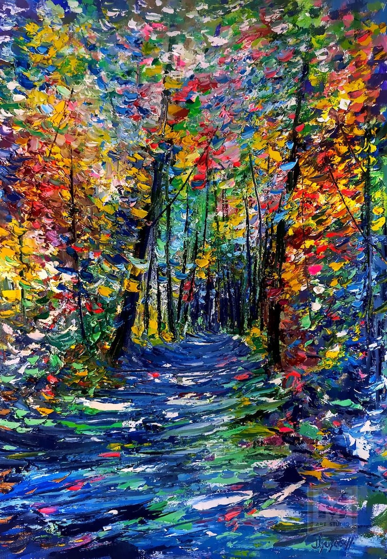 Green Landscape Oil Painting Pink Forest Path Scene Impressionist Style ...