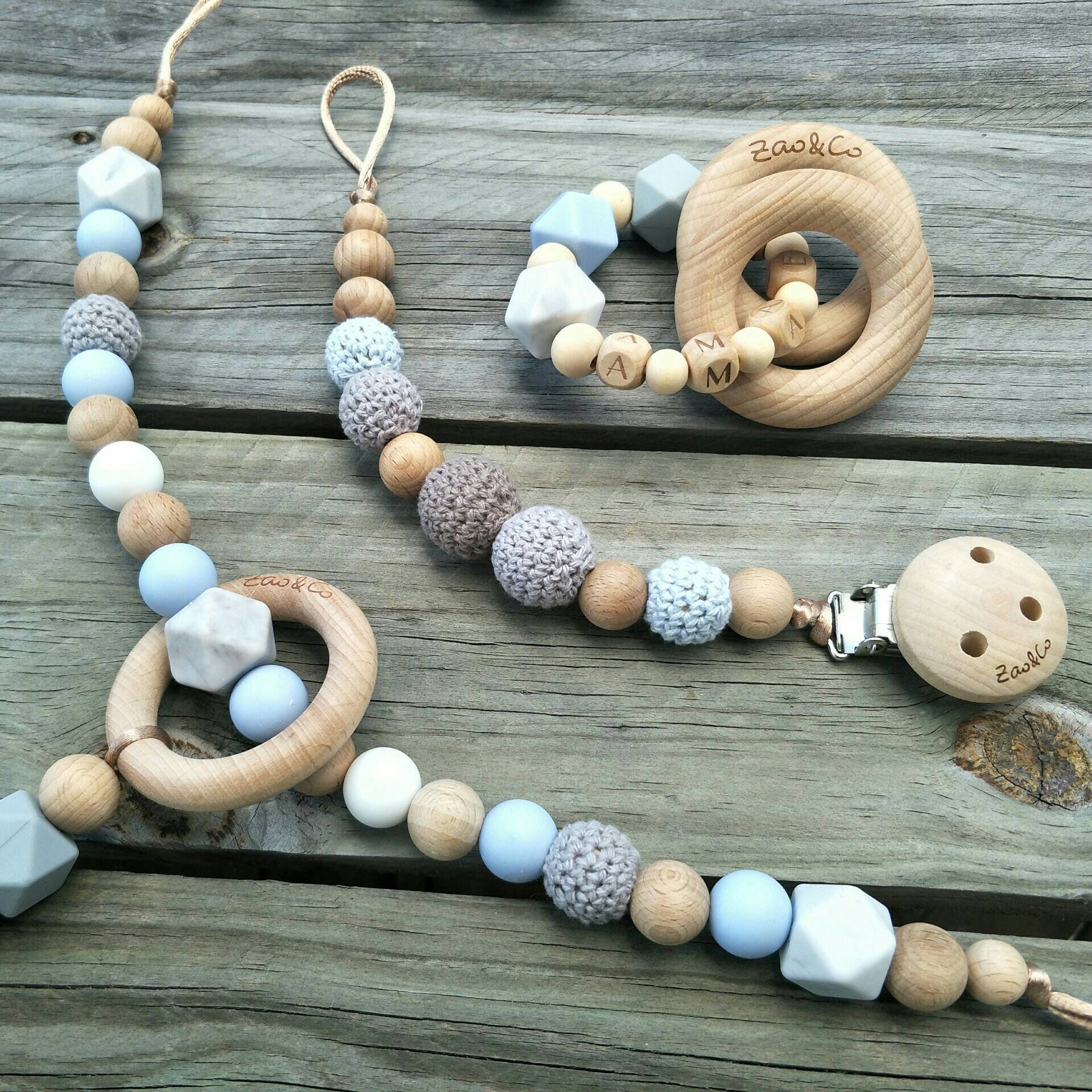 Newborn gift set teething ring dummy clip and pram chain Etsy