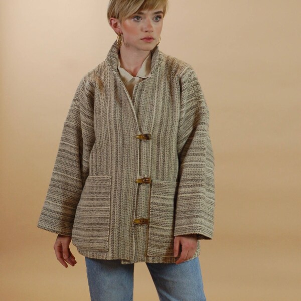 Vintage beige wool striped coat / Minimalist woven wool jacket / Boxy oatmeal wool jacket / Modern Scandinavian wool toggle coat