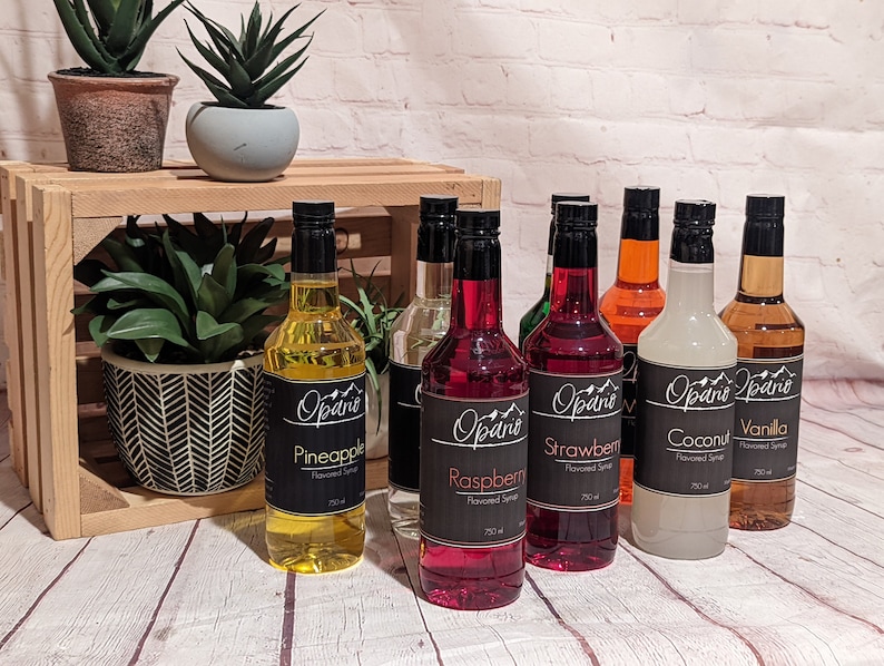 Opario Syrups. Gourmet Flavored Drink Syrups. Pineapple, Raspberry, Strawberry, Coconut, Vanilla and More. Over 30 flavor options.