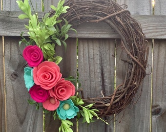 Summer wreath for front door,felt flower wreath,bright floral wreath,popular felt flower wreath,free shipping,bright pink felt roses