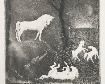 Frank Nankivell Rare Original Pencil Signed Aquatint Etching Debussy Four White Horses in Nature 1936 Cream Mat, Unframed