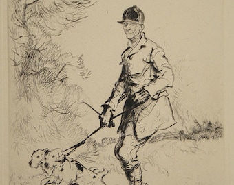 Frank Gillett Original Pencil Signed English Fox Hunt Drypoint The Terrier Man 1925 Unmatted, Unframed