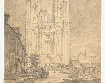 D.Y. Cameron Rare Original Hand Signed Pencil Drawing of  13th C. Coutances Church France c. 1910 Unmatted, Unframed