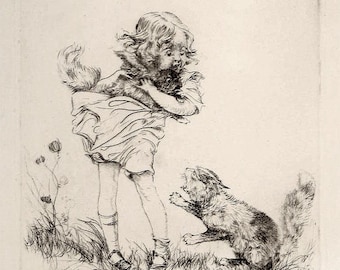 Diana Thorne Original Pencil Signed Etching Cat and Chipmunk c. 1935 in Folder/Mat