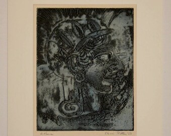 Chris Ritter Pencil Signed Mid-Century Color Aquatint Etching Greek Goddess Athena in Paper Mat/Folder Unframed
