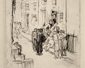 Albert Sterner Pencil Signed Soft Ground Etching Trouble in the Street New York 1928