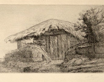 Alphonse Legros Pencil Signed Etching Shepherd's Hut on a Hill France c. 1880