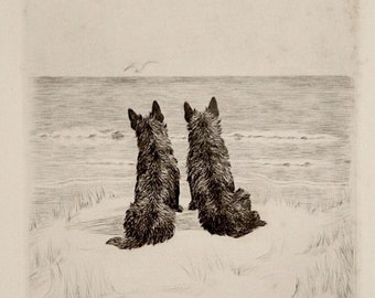 Marguerite Kirmse Original Pencil Signed Drypoint Etching We - Two Terrier Dogs on the Beach 1928 Unframed