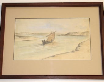 D.Y. Cameron Lovely Hand Signed Watercolor Drawing Canal Boat c. 1930 Framed