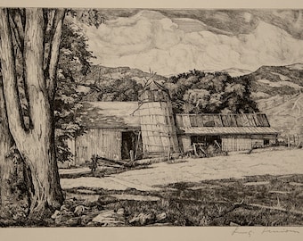 Luigi Lucioni Original Pencil Signed New England Etching Leaning Silo 1940 Unframed