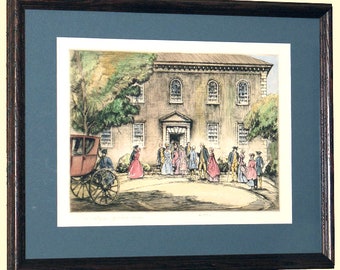 Ernest D. Roth Pencil Signed Colored Etching George Washington at Virginia Church 1932