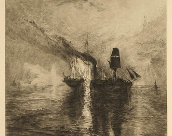 Brunet-Debaines Original Etching Wilkie's Burial at Sea after Turner 1874 Portfolio Edition Unmatted, Unframed