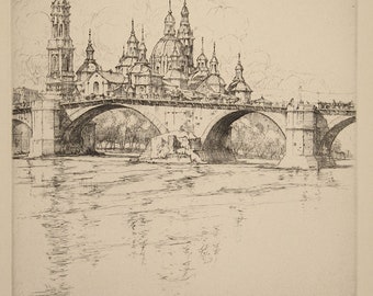 Ernest D. Roth Original Pencil Signed Etching Bridge at Zaragoza Spain 1943