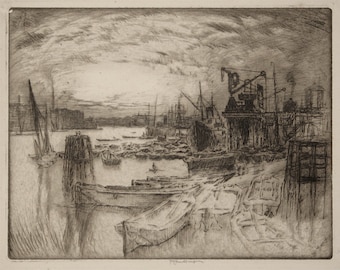Joseph Pennell Original Pencil Signed Etching The Dock Head on the River Thames 1905