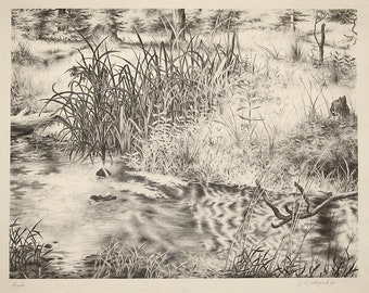 John Carter Shryock Pencil Signed Stone Lithograph Reeds Woodland Stream c. 1935 Unframed