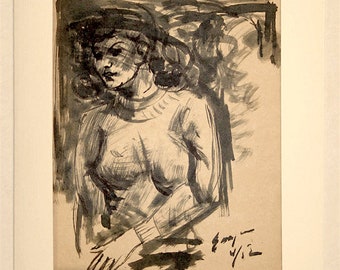 Clyde Singer Hand Signed Brush Drawing Woman in Sweater 1952, Cream Mat