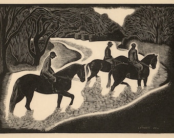 Barbara Latham Cook Block Signed Print Woodcut Horses Fording the Stream 1936
