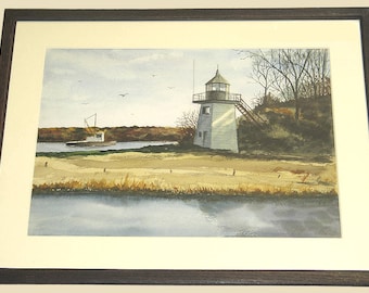Andree Ruellan Coastal Lighthouse Fine Original Hand Signed Watercolor Painting c. 1950 Framed