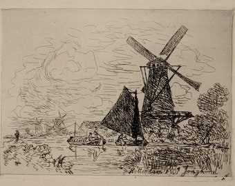 Johan Berthold Jongkind Original Etching Windmills in Rotterdam Holland 1868 Ed.