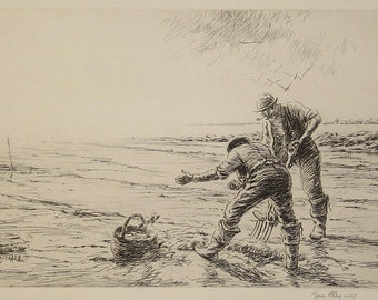 Connecticut Artist Kerr Eby Rare Pencil Signed 1931 Trial Proof Etching Digging for Clams Maine