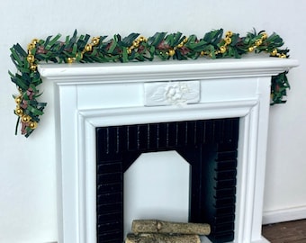 MINIATURE Christmas Garland - Evergreen with Gold Beaded Garland - Mantel Decoration - Dollhouse Christmas Decor - 1:12 Scale