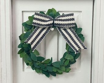 MINIATURE Wreath for Dollhouse - 1:12 Scale - Miniature Boxwood Wreath with Bow - Black & White Striped Bow - Miniature Farmhouse Decor