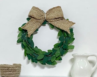 MINIATURE Wreath for Dollhouse - Boxwood Wreath with Bow - Burlap Bow - Farmhouse Decor - Rustic Wreath - Modern Miniature - 1:12 Scale