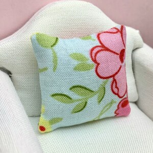 MINIATURE Throw Pillow - Dollhouse Decor - Pillow for Dollhouse - 1:12 Scale - Floral - Blue with Pink Flowers - Living Room Decor