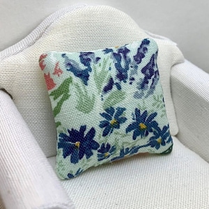 MINIATURE Throw Pillow - Dollhouse Decor - Pillow for Dollhouse - 1:12 Scale - Floral Pattern - Mint Green Blue - Living Room Decor