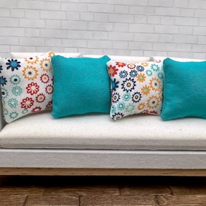 MINIATURE Throw Pillow for Dollhouse - 1:12 Scale - Floral - White with Mulitcolor Flowers / Turquoise  Living Room Decor
