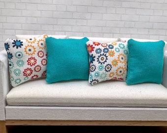 MINIATURE Throw Pillow for Dollhouse - 1:12 Scale - Floral - White with Mulitcolor Flowers / Turquoise  Living Room Decor