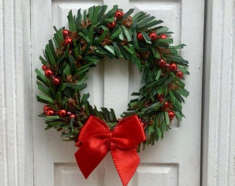 MINIATURE Christmas Wreath for Dollhouse - Evergreen Wreath with Red Bow - Red Beaded Garland - Dollhouse Wreath - Miniature Christmas