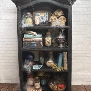 MINIATURE Halloween Skulls Black Bookcase - Apothecary Bottles and Skulls for Dollhouse - 1:12 Scale Halloween Decor - Gothic Miniature
