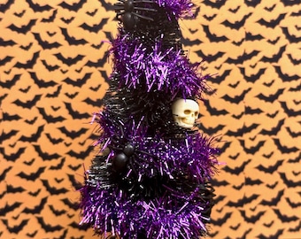 MINIATURE Halloween Tree for Dollhouse - Black Spiders - Skulls - Black & Purple Bottle Brush Tree - Creepy Halloween Tree - 1:12 Scale