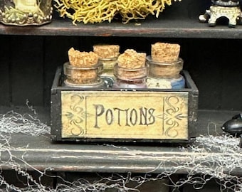 MINIATURE Halloween Potion Bottles - Apothecary Crate - 1:12 Scale - Poison Jars - Set of 4 Bottles / One Crate