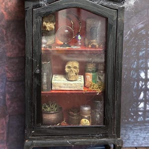 MINIATURE Halloween Creepy Witch&#39;s Cabinet - 1:12 Scale Halloween - Apothecary for Dollhouse - Gothic Miniature - Potion Bottles - Skull