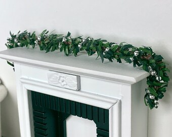 MINIATURE Christmas Garland - 1:12 Scale - Evergreen with Silver Beaded Garland - Mantel Decoration - Dollhouse Christmas Decor