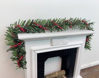 MINIATURE Christmas Garland - 1:12 Scale - Evergreen with Red Beaded Garland - Mantel Decoration - Dollhouse Christmas Decor
