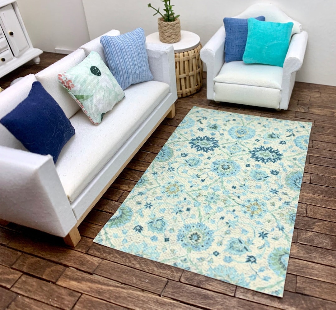 MINIATURE Area Rug - Blue / Green Floral Design - Dollhouse Rug - 4 X 6 ...