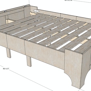 Peut inclure: Un cadre de lit en bois avec une base &agrave; lattes, mesurant 82 1/2 pouces par 56 1/2 pouces. Le cadre est en bois clair et a un design simple.