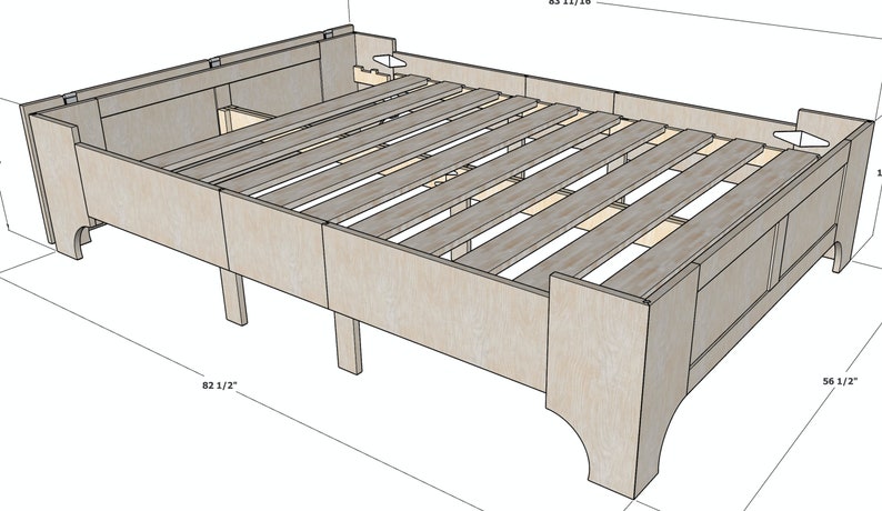 Peut inclure: Un cadre de lit en bois avec une base &agrave; lattes, mesurant 82 1/2 pouces par 56 1/2 pouces. Le cadre est en bois clair et a un design simple.