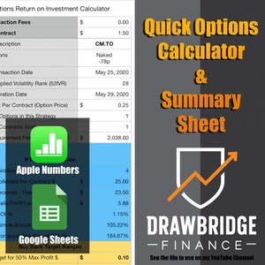 May include: A screenshot of a spreadsheet showing an options return on investment calculator. The spreadsheet includes information such as base transaction fees, fee per contract, position description, selling options, original transaction date, 52 week implied volatility rank, option expiration date, initial credit per contract, number of options in this strategy, number of contracts sold, margin requirement per contract, days to expiration, premium collected per contract, premium received, projected daily profit, projected ROI, projected simple annual, projected compound annual, and buy out target for 50% max profit. The spreadsheet is titled "Options Return on Investment Calculator".