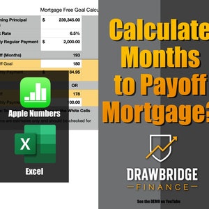 Può includere: Un grafico che mostra come calcolare il numero di mesi per rimborsare un mutuo utilizzando Apple Numbers o Excel. Il grafico include una tabella con le seguenti informazioni: Saldo capitale residuo, Tasso di interesse annuo, Importo del pagamento mensile regolare corrente, Rimborso attuale (in mesi), Obiettivo di rimborso (in mesi), Pagamento mensile aggiuntivo richiesto, Mesi per il rimborso, Pagamento mensile aggiuntivo. Il grafico include anche il testo "Calcola i mesi per rimborsare il mutuo?" e il logo di Drawbridge Finance.